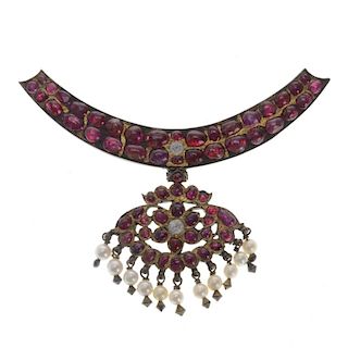Indo Persian ruby-colored cabochon, pearl brooch