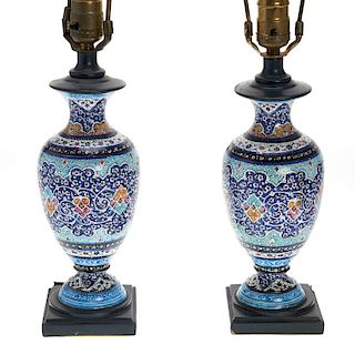 Pair Persian enameled vase lamps