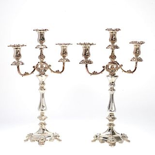 Pr Continental Rococo silver 3-light candelabra
