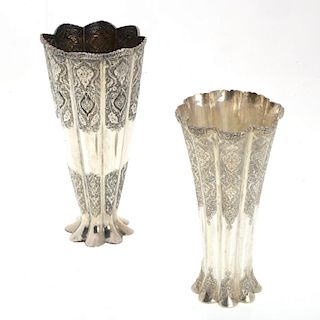 (2) Persian silver fluted vases