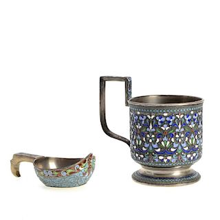 (2) pcs. Russian enameled silver hollowware