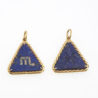 (2) Lapis lazuli and 18k gold Zodiac charms