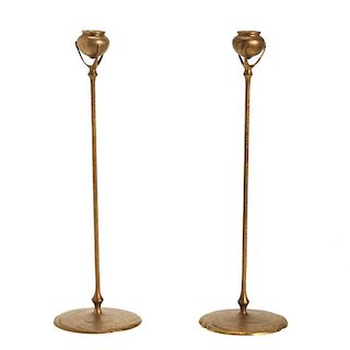 Pair Tiffany Studios, NY gilt bronze candlesticks