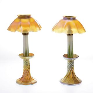 Pair Tiffany favrile glass candlestick lamps