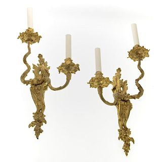 Pair Louis XV style gilt bronze 2-light sconces
