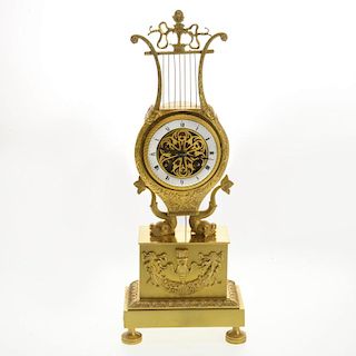 Charles X gilt bronze lyre-form mantel clock