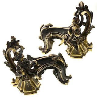 Pair Louis XV style gilt, patinated bronze chenets