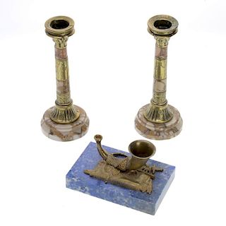 Pr Egyptian Revival brass and marble candlesticks