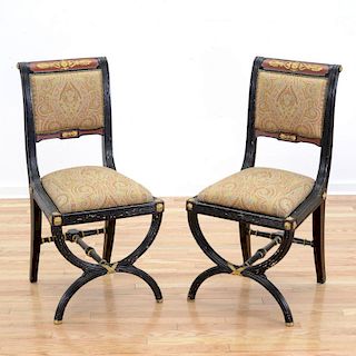 Pair Regency black lacquer curule side chairs
