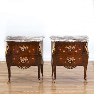 Pair Louis XV style marble top bombe commodes