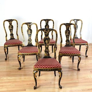 (6) Queen Anne style black japanned dining chairs