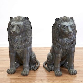 Pair large patinated bronze lions