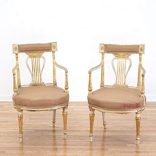 Pair Louis XVI parcel gilt lyre-back armchairs