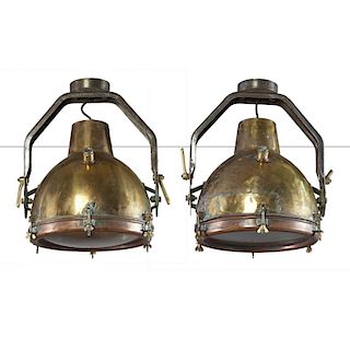 Pair large industrial maritime brass lamps