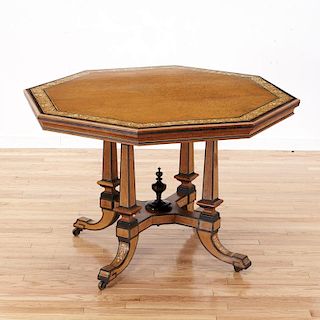 Victorian ebonized, inlaid amboyna center table