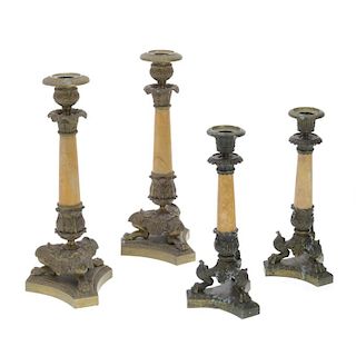 (2) Pr French Empire bronze, marble candlesticks