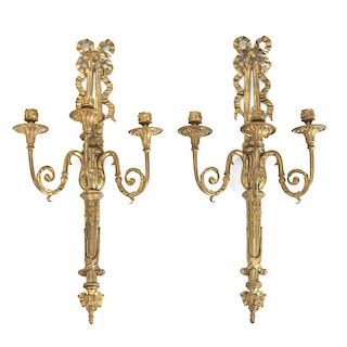Pair Louis XVI style gilt bronze 3-light sconces