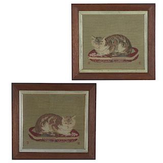 Pair Fine Antique wool needleworks of calico cats