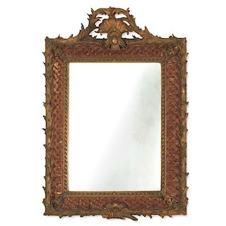 Continental Rococo gilt and tufted silk mirror