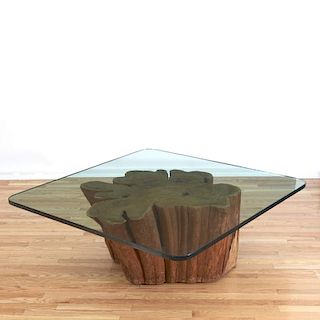 Nice redwood tree trunk, glass coffee table