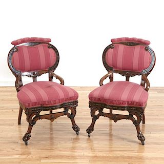 Pair Herter Bros. carved inlaid walnut side chairs
