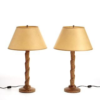 Pair Mid-Century French limed wood lamps
