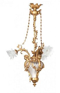 A Louis XV Style Bronze and Glass Three-Light Fixture Height 40 inches.