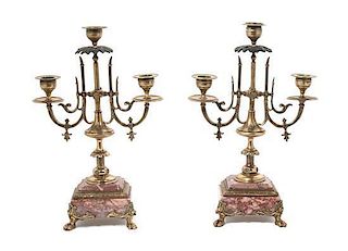 Two Neoclassical Style Gilt Metal Mounted Three-Light Candelabra Height 12 3/4 inches.