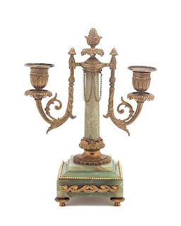 A Neoclassical Gilt Metal and Onyx Two-Light Candelabra Height 10 1/4 inches.