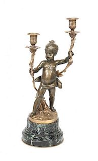 * A French Gilt Bronze and Marble Two-Light Figural Candelabra Height overall 20 3/4 inches.