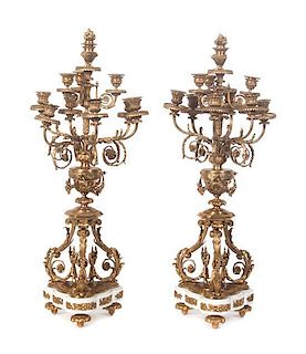 A Pair of Gilt Bronze and Marble Ten-Light Candelabra Height 31 1/2 inches.