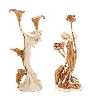 * Two Contemporary Art Nouveau Style Two-Light Figural Candelabra Height of taller 14 1/4 inches.