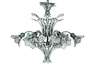 An Art Nouveau Style Glass and Beaded Six-Light Chandelier Height 23 inches.