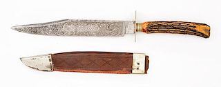 Nichols Etched Blade Knife with Stag Grip 