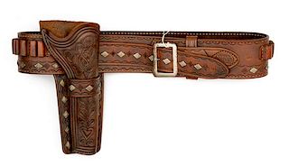 Custom-Made Hand-Tooled Leather Holster and Cartridge Belt 