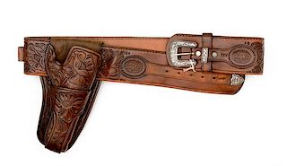 Custom-Made Hand-Tooled Leather Holster And Cartridge Belt by Hayles 
