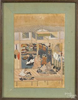 Three Japanese watercolor interior scenes, 19th