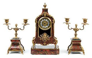 A Louis XV Style Boulle Marquetry Clock Garniture Height of clock overall 17 1/4 inches.