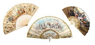 A Group of French Bone, Mother-of-Pearl, Paper and Lace Fans Width of first 20 1/4 inches.