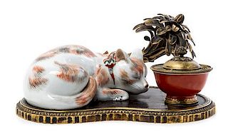 * A Louis XV Style Porcelain Mounted Bronze Inkstand Width 12 1/2 inches.