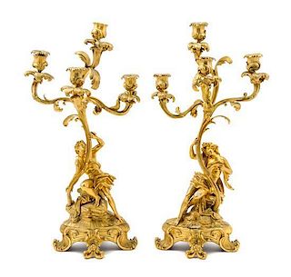 * A Pair of Louis XV Style Gilt Bronze Four-Light Figural Candelabra Height 24 1/4 inches.