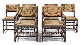 A Set of Six French Baroque Style Walnut Dining Chairs Height 35 3/4 inches.