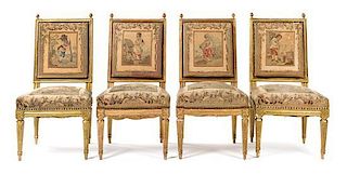 A Set of Four Louis XVI Giltwood Side Chairs Height 36 1/2 inches.