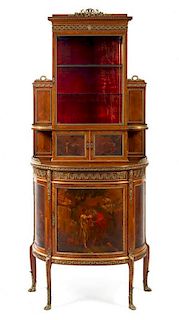 * A Louis XVI Style Vernis Martin Decorated Vitrine Height 78 x width 32 x depth 17 inches.