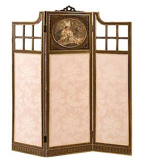 A Continental Giltwood Three-Panel Floor Screen Height 62 3/4 x width overall 54 1/4 inches.