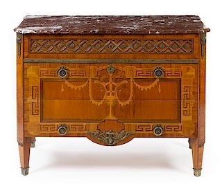 A Louis XVI Style Gilt Bronze Mounted Marquetry Commode Height 33 1/2 x width 43 x depth 19 1/2 inches.