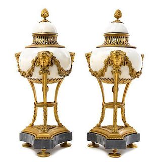 A Pair of Neoclassical Gilt Bronze and Marble Cassolettes Height 18 inches.
