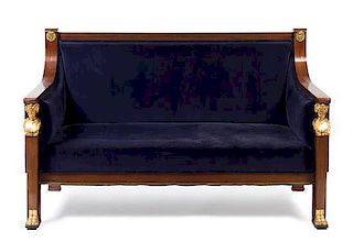 * An Empire Style Gilt Metal Mounted Mahogany Settee Height 37 x width 58 1/4 x depth 28 inches.