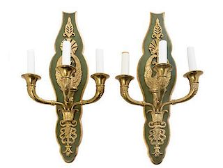 A Pair of Empire Style Gilt Bronze Three-Light Sconces Height 18 inches.