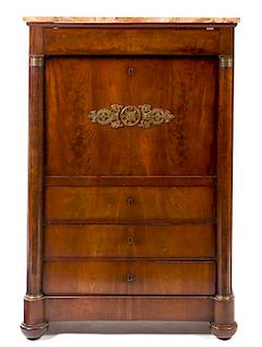An Empire Style Gilt Bronze Mounted Mahogany Secretaire a Abattant Height 57 1/2 x width 37 1/2 x depth 18 inches.